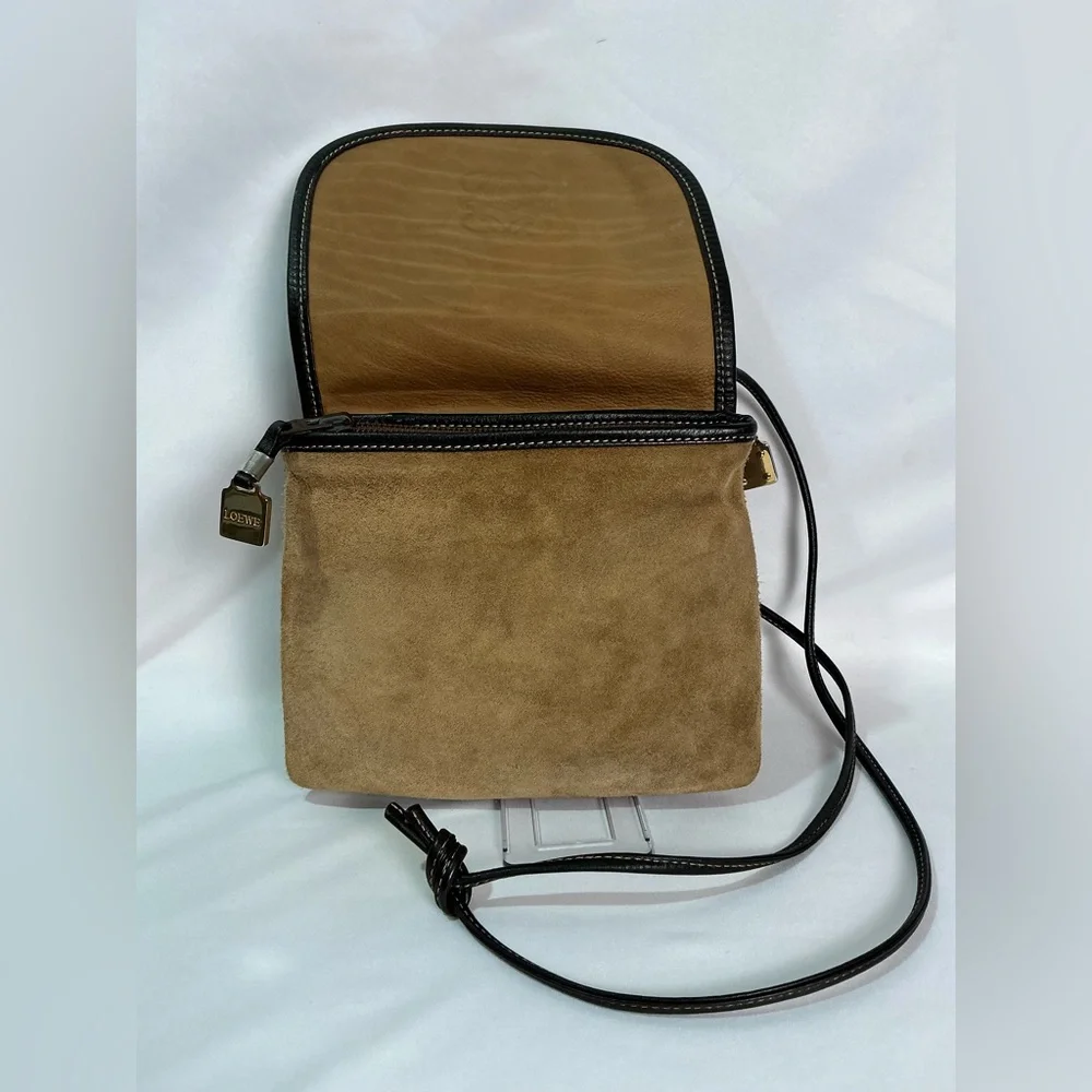 Vintage Loewe Tan Suede 
Mini Shoulder Crossbody Bag Purse Leather Spain Anagram - Picture 7 of 15